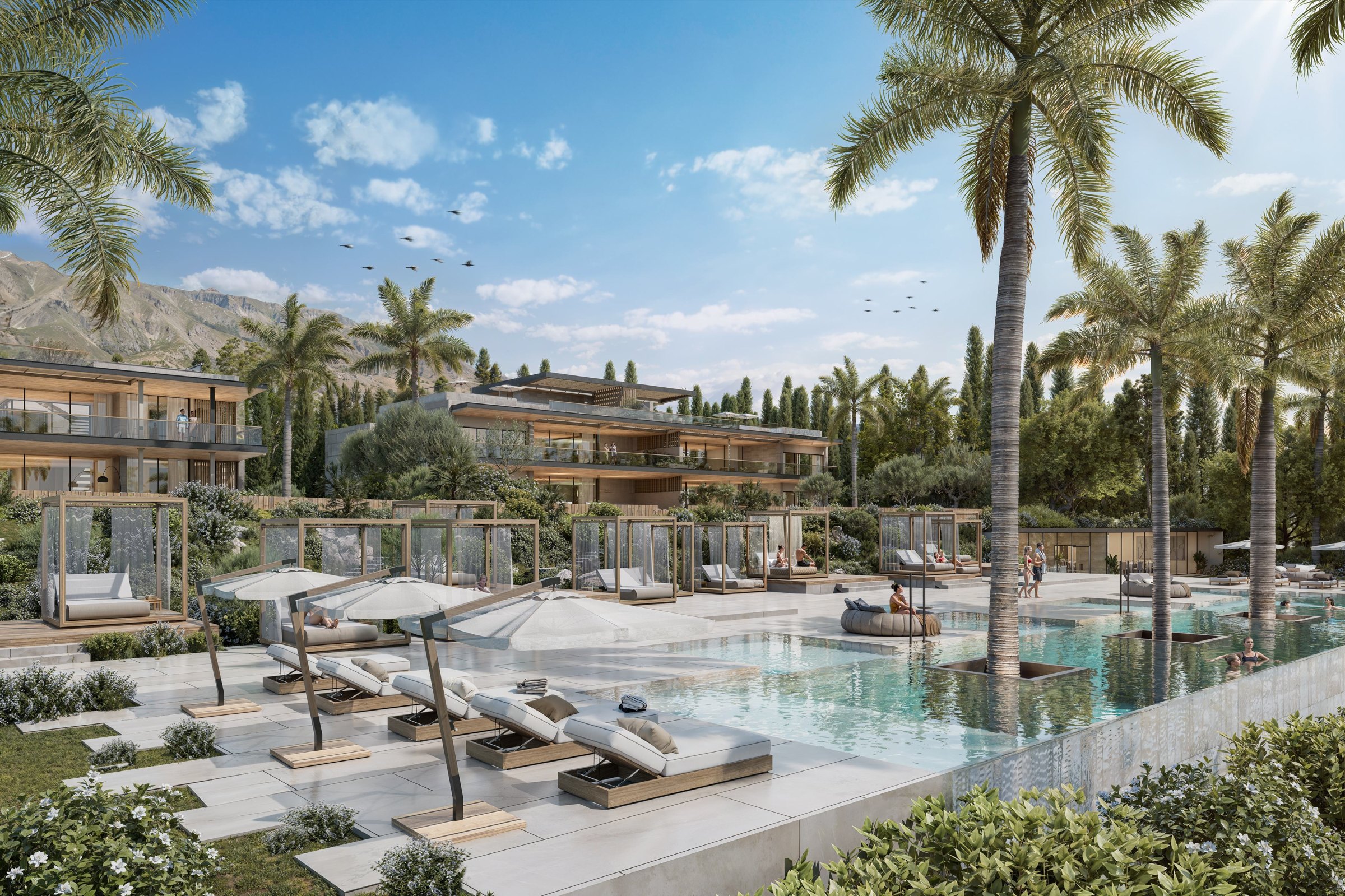 Resort-style community pool with cabanas and palm gardens at Armani Residences Marbella