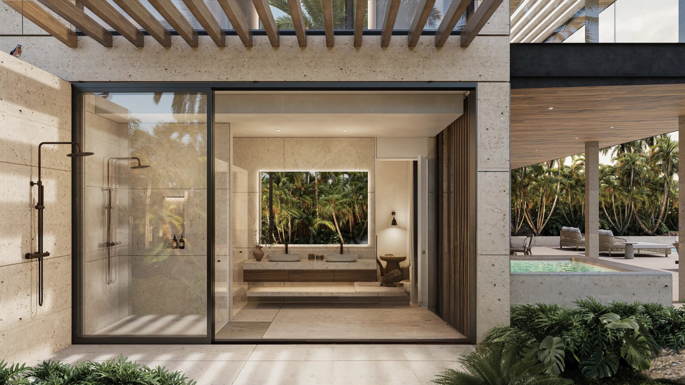 Indoor-outdoor bathroom opening to a private garden and pool
